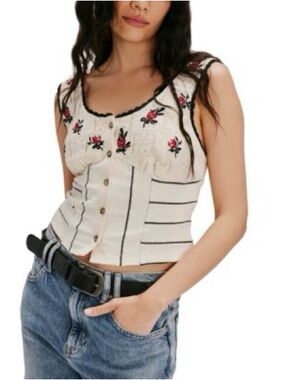 Free People Top Sleeveless Rose Bud Knit sleeveless embroidered tank cream black